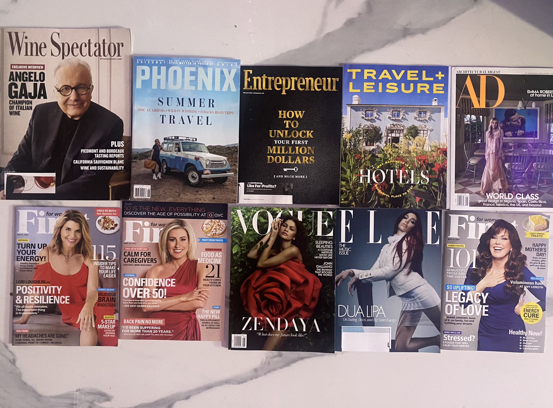 10 Magazines: VOGUE, ELLE, First, Architectural Digest, Travel & Leisure, Wine Spectator, Phoenix Magazine, Entrepreneur. NEW. Recent issues. $5 for A