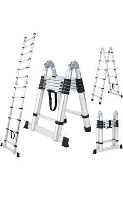 Telescoping Ladder A Frame 12.5 FT, Extension Ladder with Balance Bar & Stabilizers, Collapsible Foldable Ladder for Indoor & Outdoor & Rvs, Multi-Pos