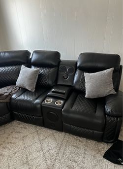 Theater Couch Sectional Ottoman L Shape with Bluetooth Speakers Black Leather Sofa