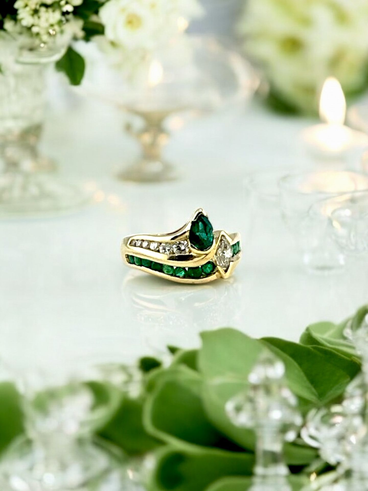 14kt Yellow Gold with Emeralds and Diamonds Band Ring
