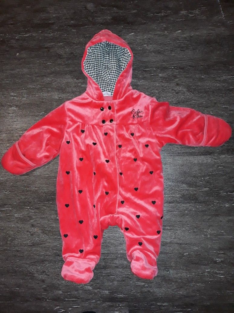 Calvin Klein Pink With Black Hearts Plush Infant Snowsuit