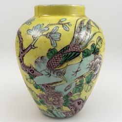 Antique Chinese Famille Jaune Hand Painted Late Qing Dynasty Urn Vase 1880s