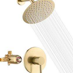 sumerain Shower Faucet Set Brushed Gold, Anti-scald Pressure Balance Valve, 8 Inches Extra-thin Rain Shower Head, with Non-return Check Valves