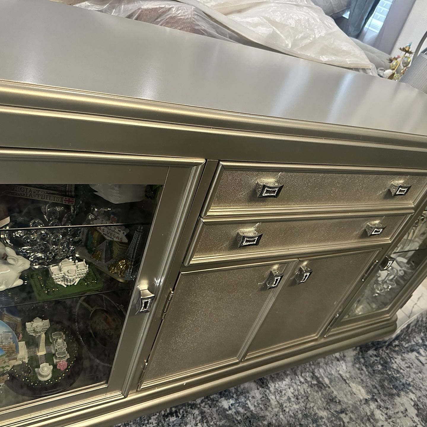 Gold Glass/Wooden Credenza Cabinet Available For Sale 