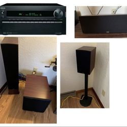 RECEIVER AND SIX SPEAKERS - PARADIGM SPEAKERS AND ONKYO RECEIVER - ALL WIRES INCLUDED