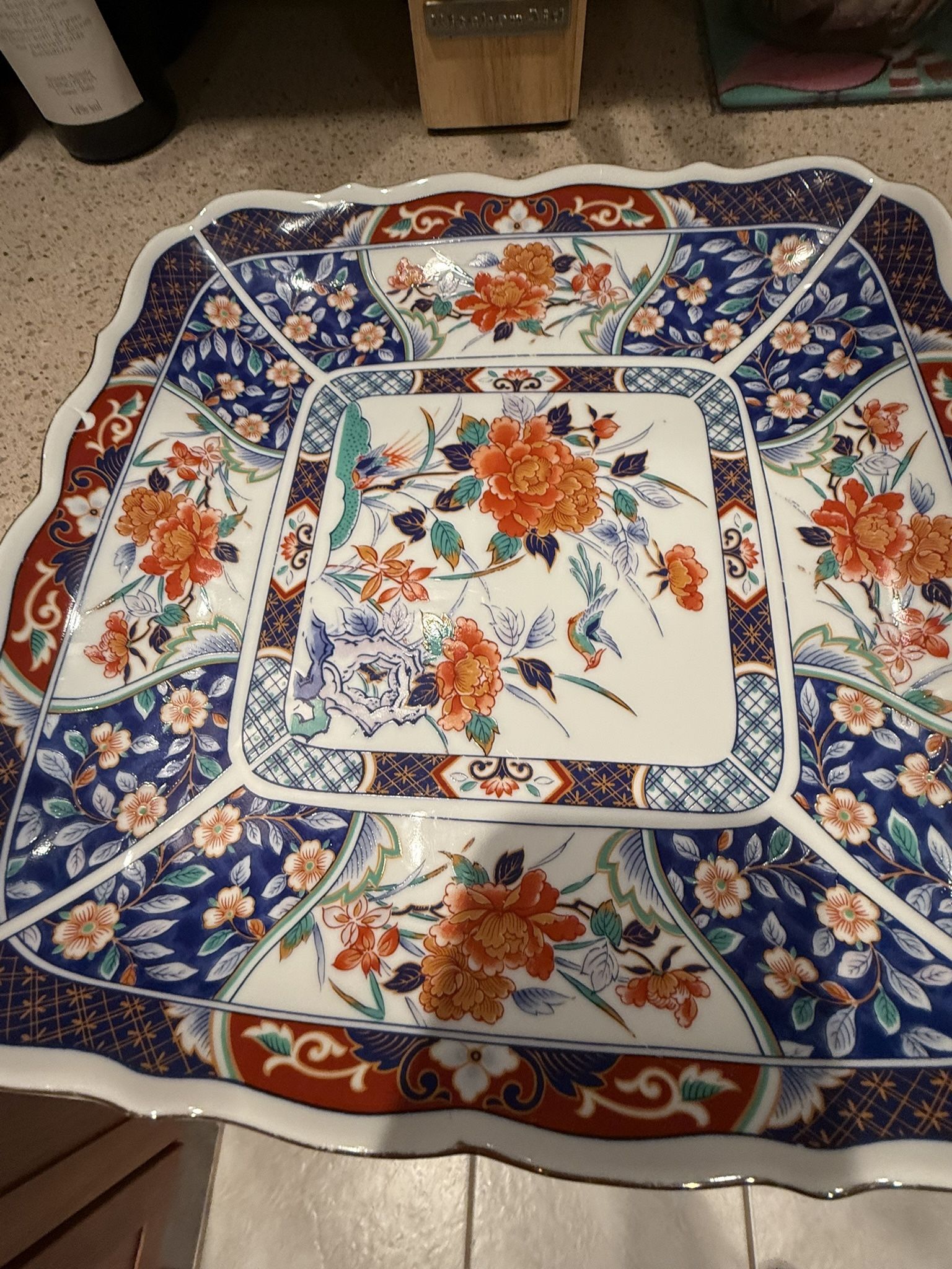 Beautiful Imari Porcelain Square Platter with Flowers & Birds Design, Marked with blue character