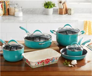 The Pioneer Woman Frontier Speckle Aluminum 10-Piece Cookware Set, Turquoise