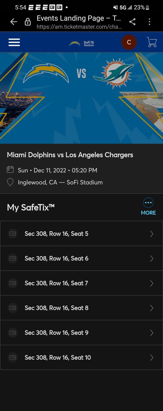 4 Tickets Sunday Night Football Chargers Vs Dolphins 