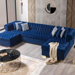 Lauren Navy Velvet Double Chaise Sectional💙Furniture Livingroom Couch Sofa 