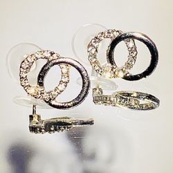 Sterling Silver Double Hoop Stud Dangle Drop Earring Clear Cubic Zircon CZ Round Circle