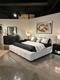 Contemporary design upholstered bed features Plush, deep pillowed tufting