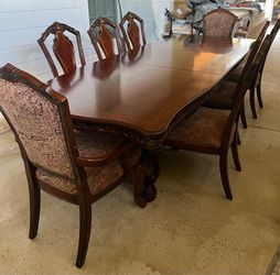 Traditional Dark Wood Dining Table Set w/ 6 Upholstered Chairs