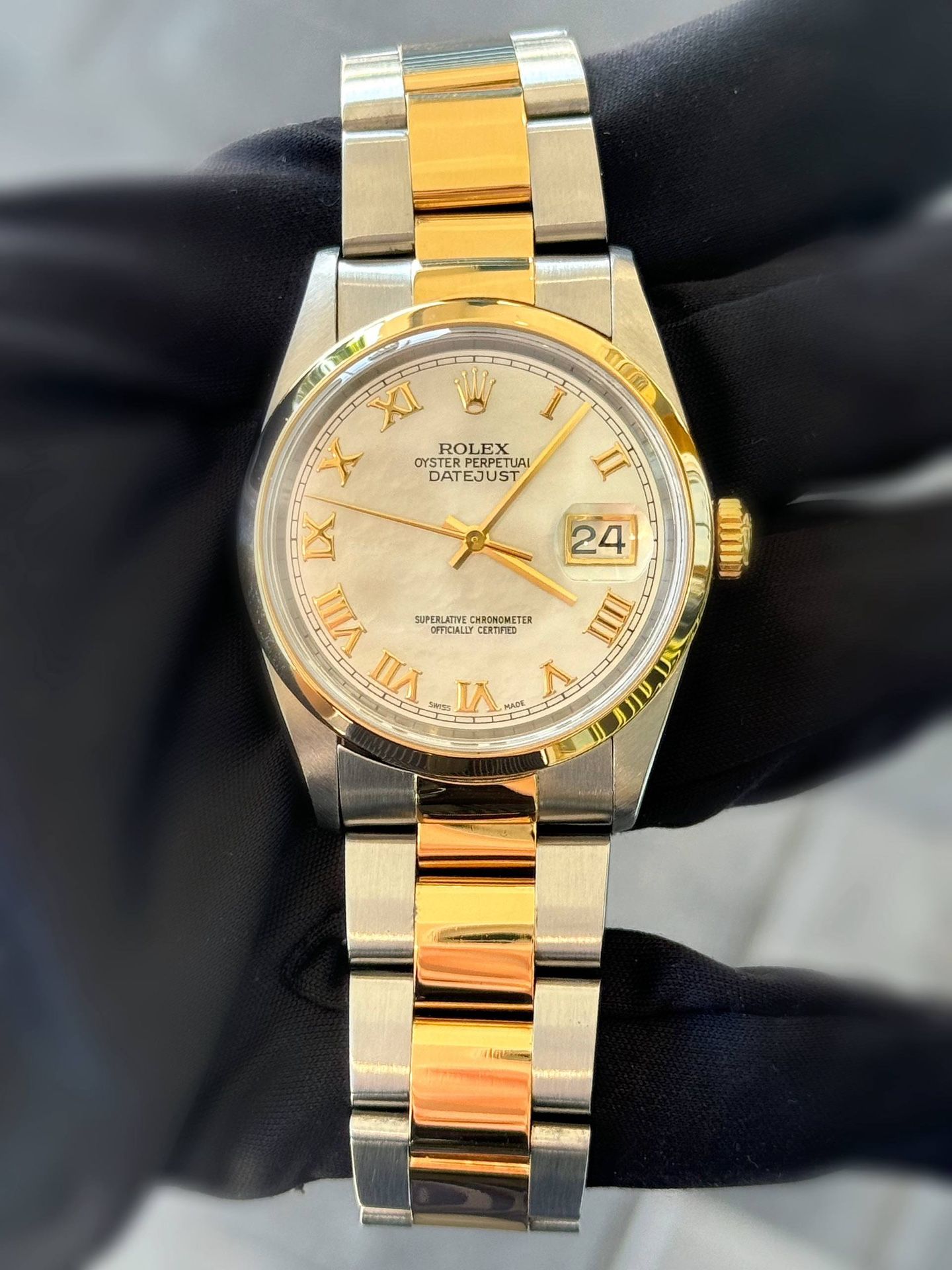 Rolex Datejust 36mm Factory MOP Roman Dial 16203 Two Tone Oyster Bracelet Box Booklets & Appraisal Papers