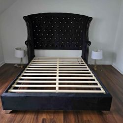 Luxury Upholstered Black King And Queen Size Bed Frame, Mattress 
