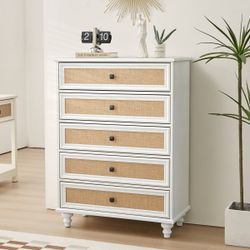 White Coastal Rattan 5 Drawer Dresser Chest