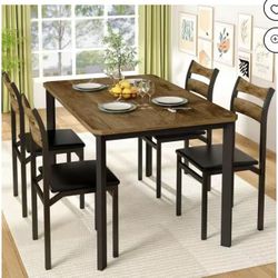 Dining Table Set for 4, 43.3" Dining Room Table with 4 Upholstered PU Leather Chairs, Modern Wood Kitchen Table and Chairs Set, 5-Piece Dinette Set fo