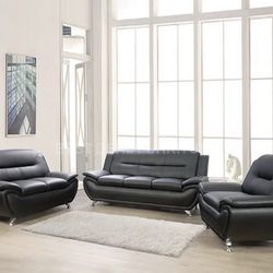 Modern style black leather three piece couch set