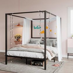 B300 $100  Canopy Bed Frame Queen Size/Mattress Foundation with Metal Slats Support/No Box Spring Needed/Easy Assembly/Black  Size Queen Material Meta