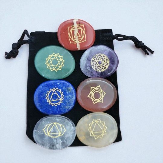 7 Chakra Healing Crystals Set with Engraved Symbols & Velvet Pouch