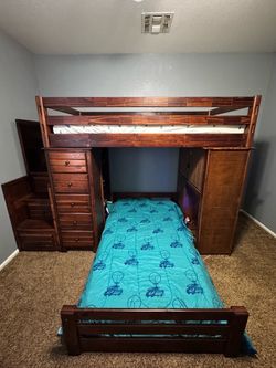 Living Spaces Solid Wood Loft / Bunk Bed Set with Stairs, Built-in Desk & Extra Dresser