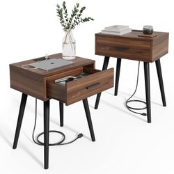 HAIOOU Set of 2 Mid Century Nightstand with Charging Station,