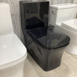 One Piece Black Color Toilet Dual Flush System With Softclose Seat Fully Skirted Ready For Pick Up Today