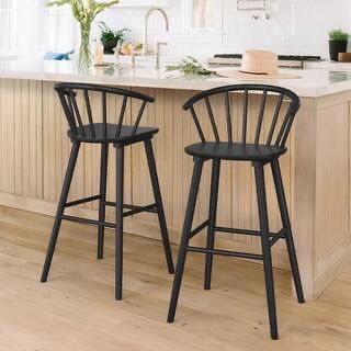 Winson Windsor 30 in. Black Solid Wood Bar Stool for Kitchen Island Counter Stool with Spindle Back Set of 2