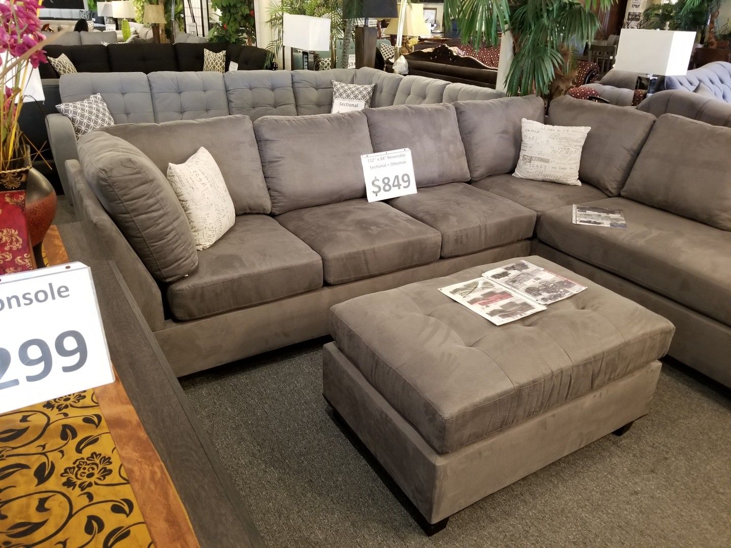 Brand new 112" x 85" grey plush mucrofiber sectional + ottoman