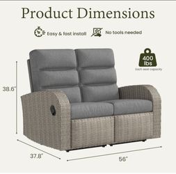 Oversized Wicker Outdoor Recliner Lovseat with Adjustable Backrest & Footrest, Patio Reclining Lounge