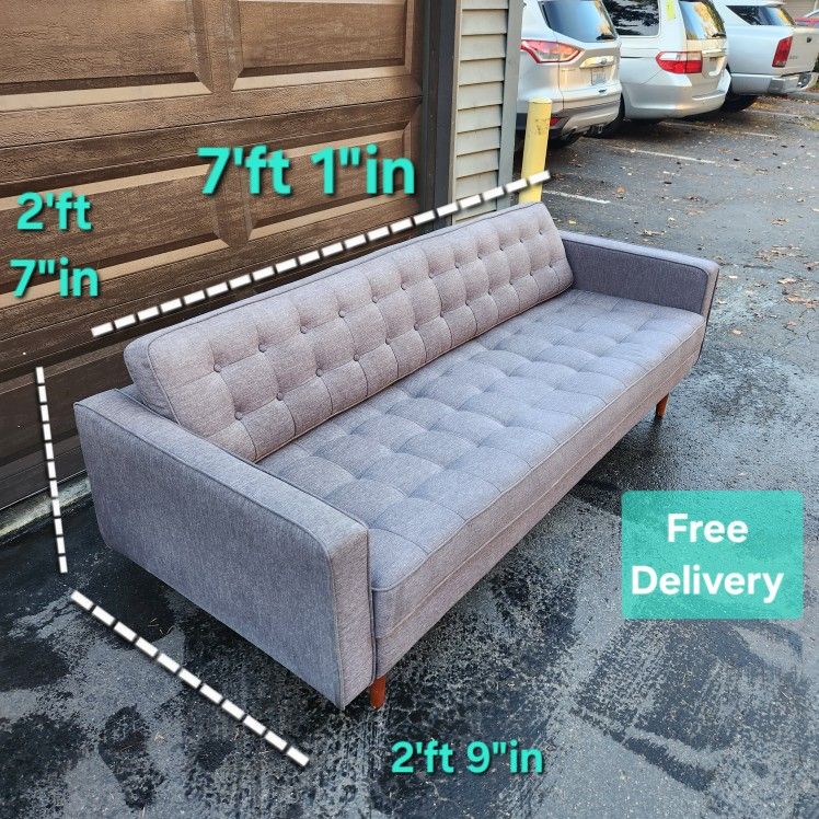 Free Delivery | Gray Long Mid Century Modern Tufted Sofa/ Couch 