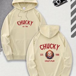 Hoodie with "CHUCKY" Movie Graphic Print XXL + 5 Pairs of Halloween Crew Socks + Chucky Backpack 