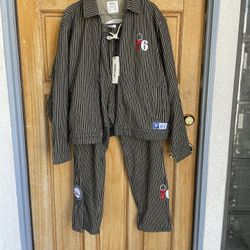 76ers x fairplay Embroidered Denim Jacket +pant set Black White Pinstripe  L