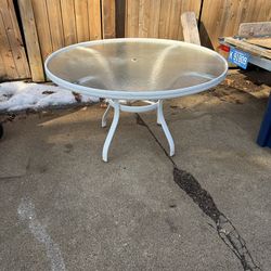 Patio Outdoor Table, metal frame, Hkass top, with Umbrella Hole, 27 high, 48 Round, $30