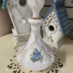 Milk glass Decanter With Hand painted Flower