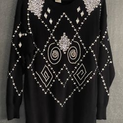 Cervelle Women VTG Pullover Blk Knit Sweater White Silver Abstract Beading Sz Sm