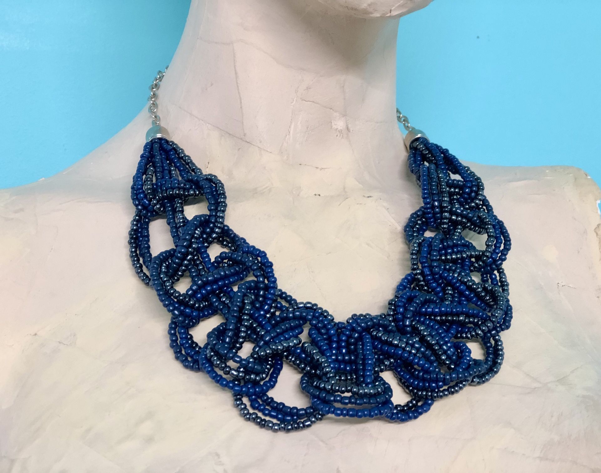 Blues Braided Woven Multiple Seed Bead Strands Bib Statement Necklace Silvertone