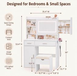 Vanity Desk with Mirror and Lights, Makeup Vanity Table with Stool, Power Outlet, USB Ports, Hair Dryer Holder, 2 Drawers, Hidden Shelves and Cabinet,