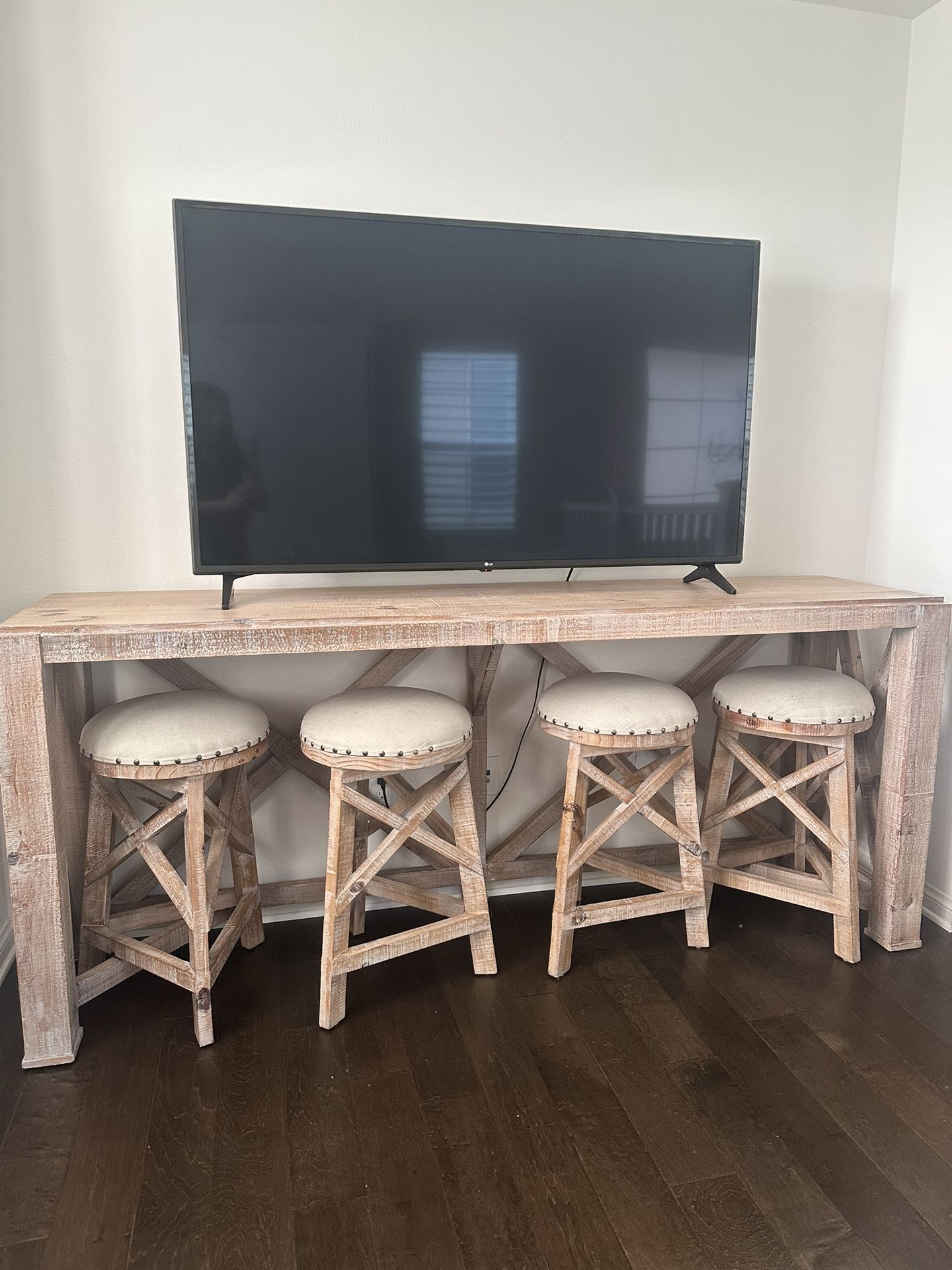Solid Wood Console / Bar-Height Table + 4 Stools — ~100” Length — Excellent Condition