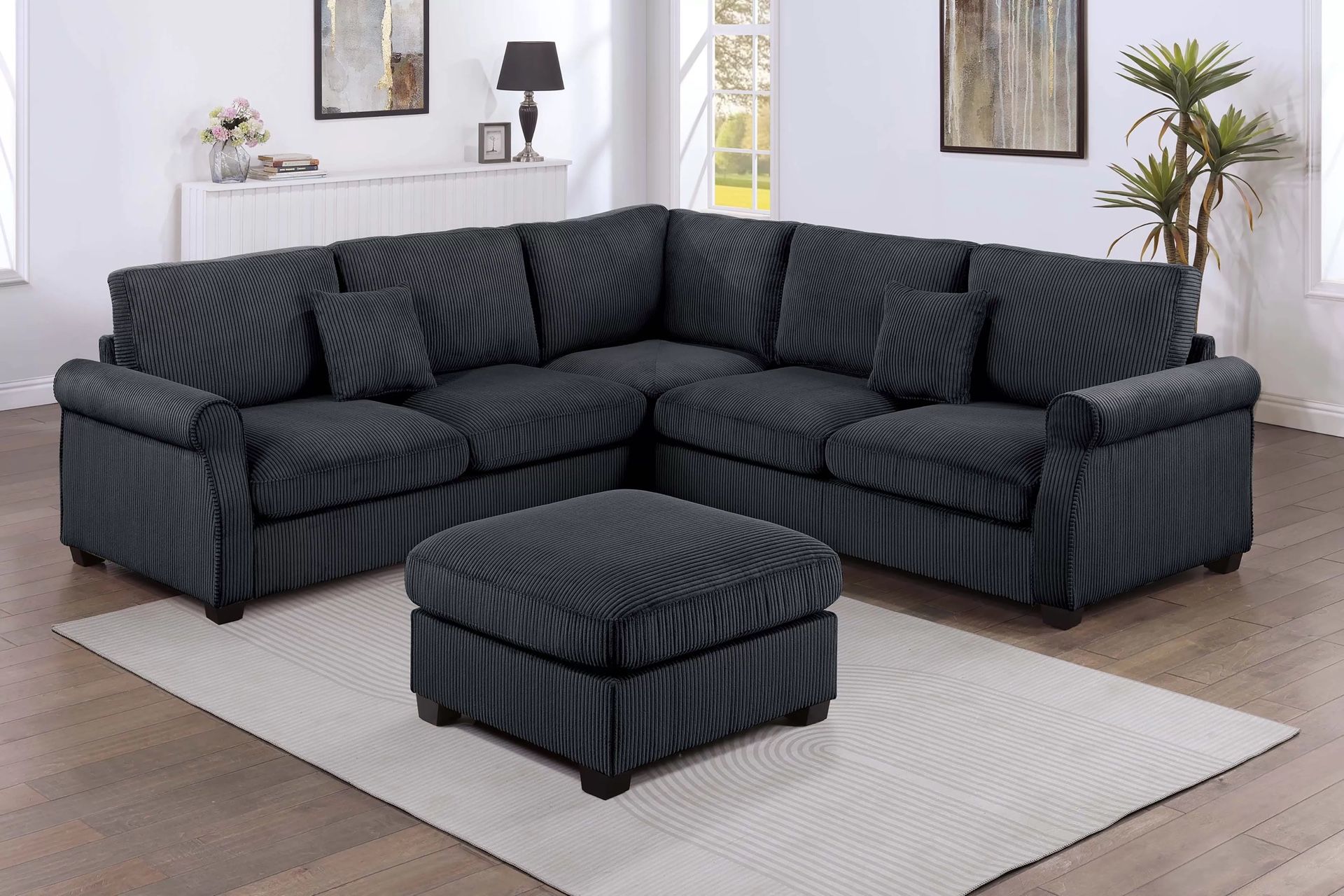 4-Piece Sectional Set LAF Loveseat + RAF Loveseat + Corner Wedge + Cocktail Ottoman  Color: Black.   Juego De Sofas Nuevos En Caja 