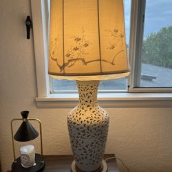 Porcelain Carved Asian Cherry Blossom Vintage Lamp With Silk Shade