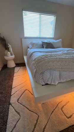 White Queen bed frame, and entire room decor