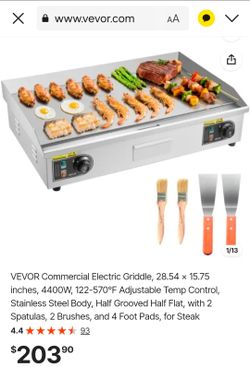 VEVOR Commercial Electric Griddle, 28.54 x 15.75 inches, 4400W, 122-570°F Adjustable Temp Control, Stainless Steel Body, Half Grooved Half Flat, with 