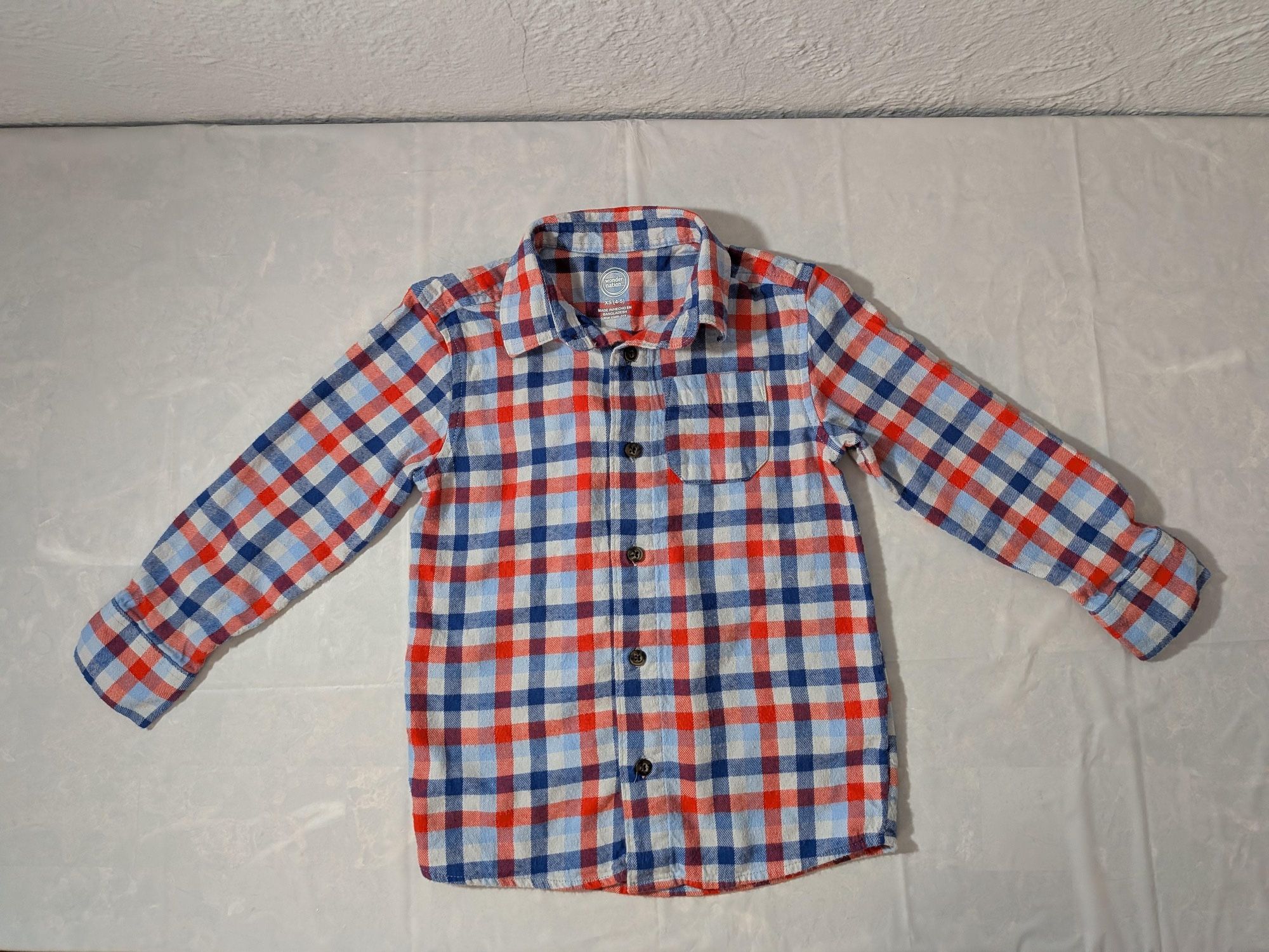 Wonder Nation Boys' Long Sleeve Flannel Shirt in a red, white, and blue plaid pattern. Size 4-5 small.