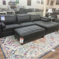 Ashley Brand Black Leather Sectional Sofa Couch 