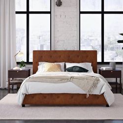 DHP Dakota Upholstered Platform Bed, Queen, Camel Faux Leather