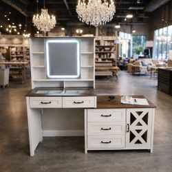 Farmhouse Vanity with Glass Top & Charging Station, Vanity Desk with Touch Screen Mirror and Lights, Makeup Vanity with 5 Drawers & Shelves & Cabinet,