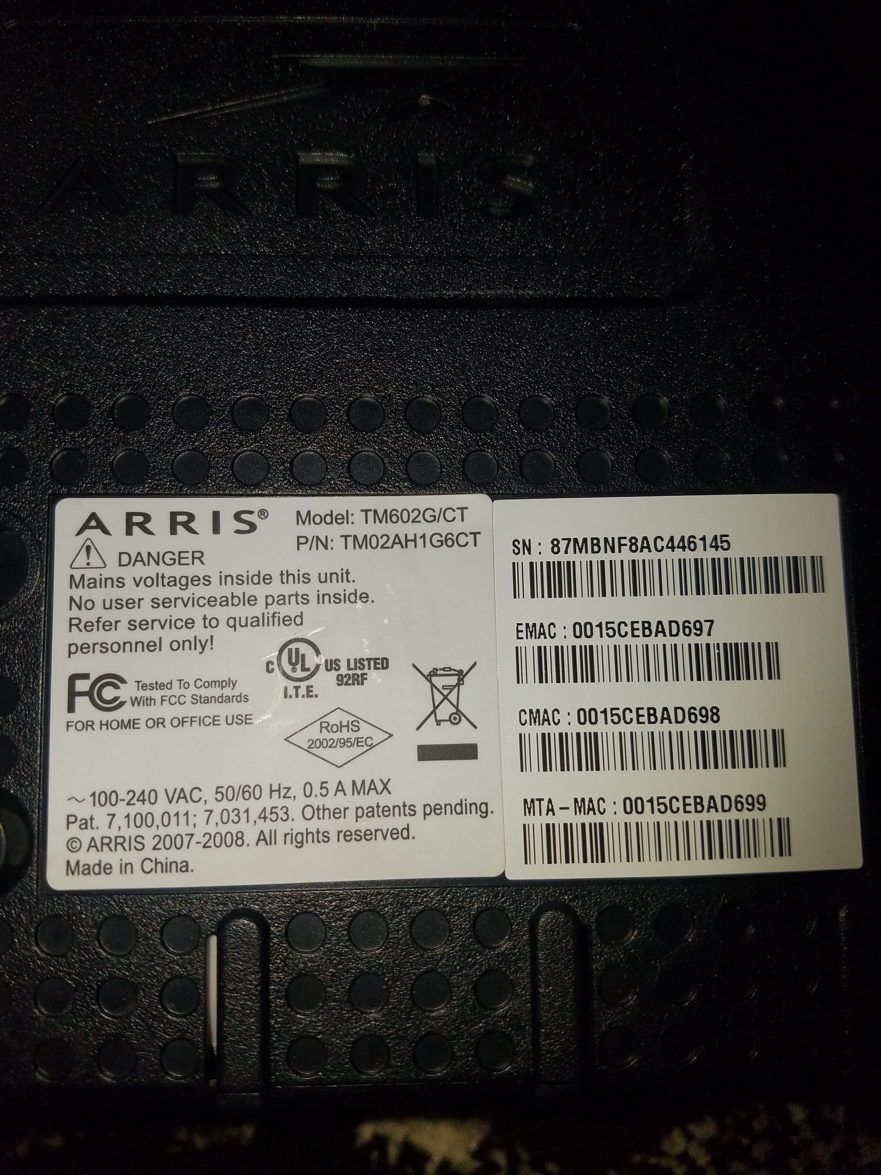 Arris TM602G/CT Cable Modem with Backup Battery 2.0 for Sale in