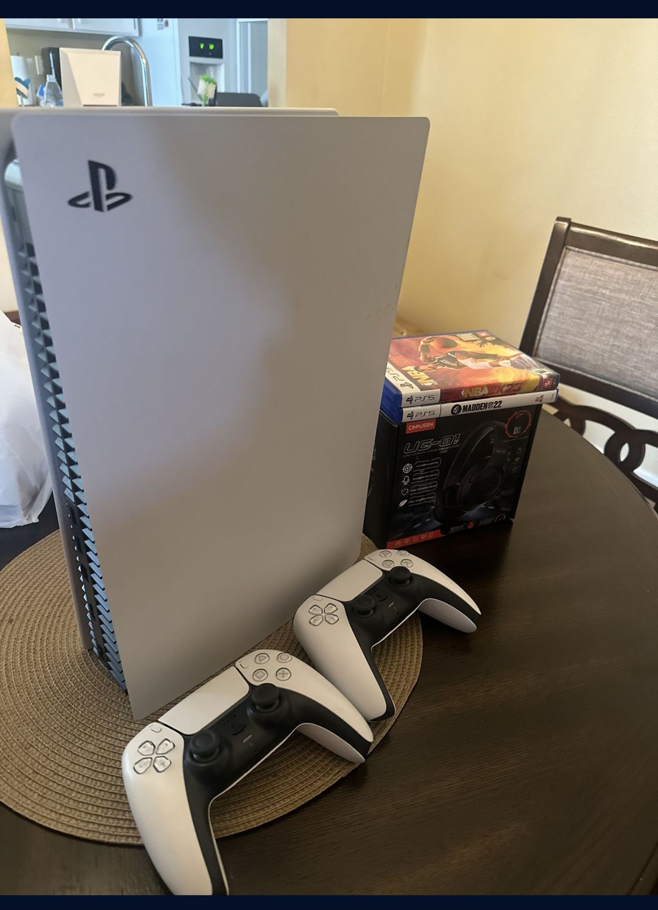 PS5 Still In Brand New Condition. Come With 2 Controllers, 2 Games, And Headphones 