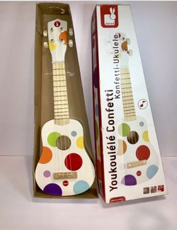 Janod Confetti Wooden Ukulele Kids Toy Instrument w/ Box – Polka Dot, Made In France!
