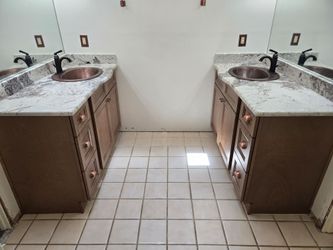 Pair of Matching Solid Wood Bathroom Vanities – Granite Tops, Copper Sinks & Faucets $1250 OBO